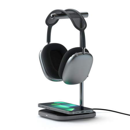 Satechi 2-IN-1 Headphone Stand w Wireless Charger USB-C (Cable inc., Adapter not inc.) - Space Grey)