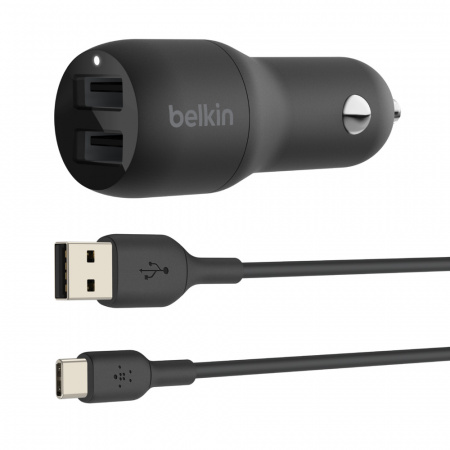 Belkin BOOST CHARGE Car Charger Dual USB-A 24W + USB-A to USB-C¬ Cable - Black